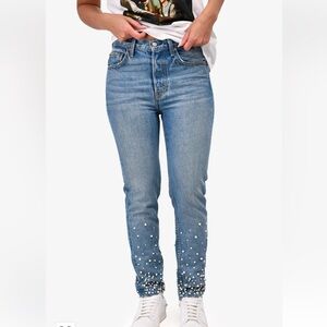 High-Rise Skinny Jeans with Pearl Embellishment,Raw Hem